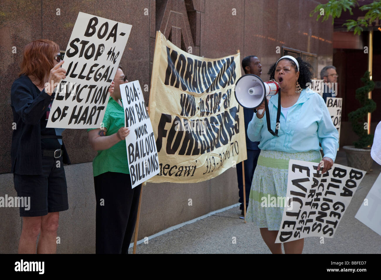 Protest at Bank of America against home foreclosure and eviction Stock
