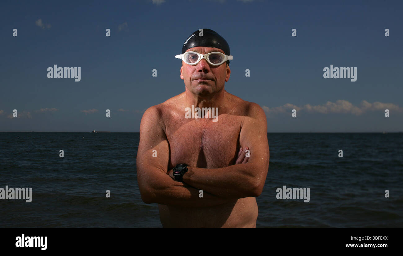 Peter Jurzynski of Connecticut USA has swam the English Channel 14 times, more than any other American Stock Photo