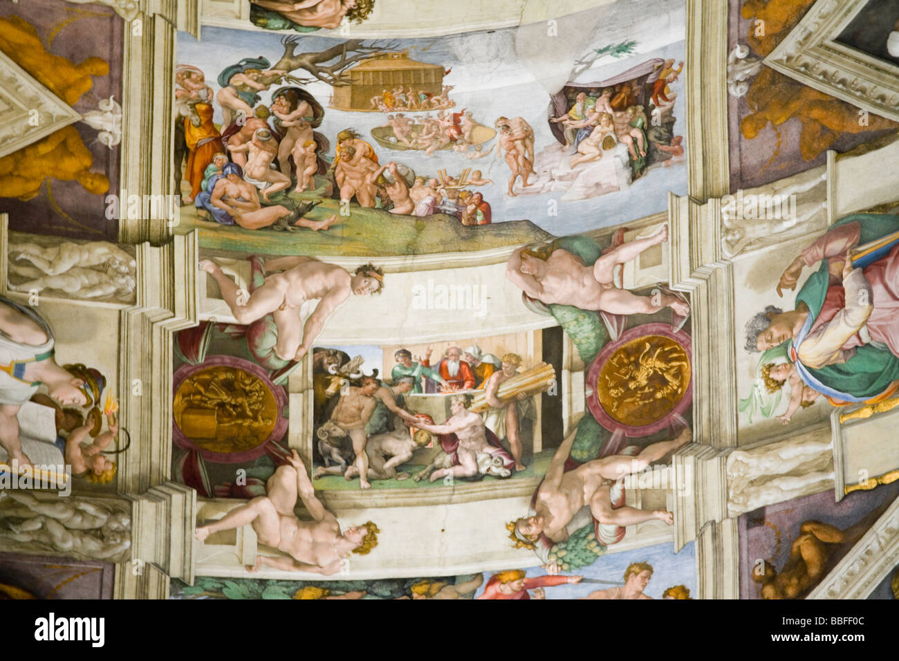 Sistine Chapel ceiling frescoes Sacrifice of Noah and The Flood by Michelangelo (1508-1512) Vatican Museum Rome Italy Stock Photo