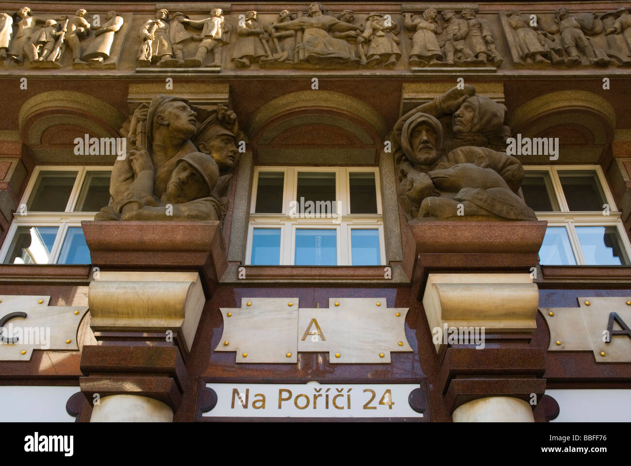 Marble frieze relief on side of Banka legii building Na Porici street in central Prague Czech Republic Europe Stock Photo