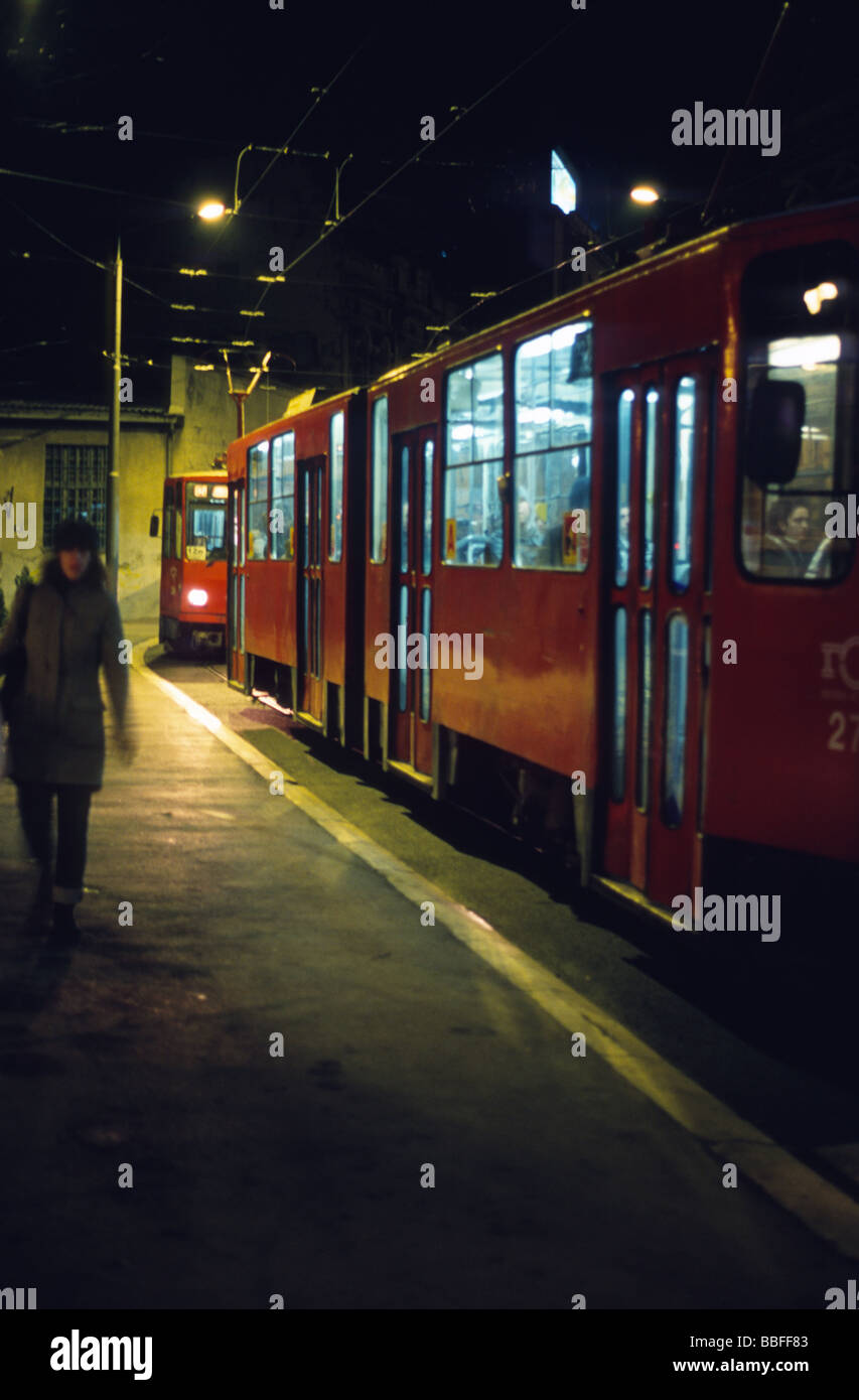 Trams waiting at an ample downtown at night in Belgrade in winter, Serbia, Balkans Stock Photo