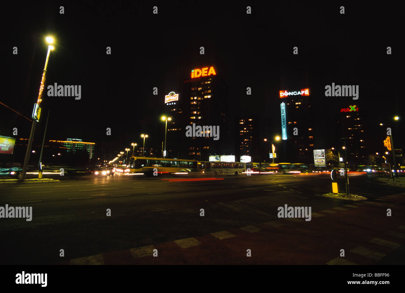 Traffic scene at night with illuminated advertisement in Novi Beograd, Belgrade, Serbia, Balkans Stock Photo