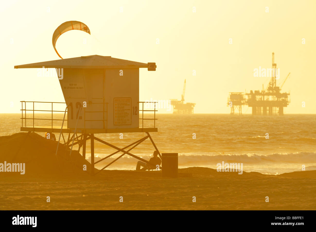 Offshore oil rigs along the coast, Huntington Beach CA Stock Photo