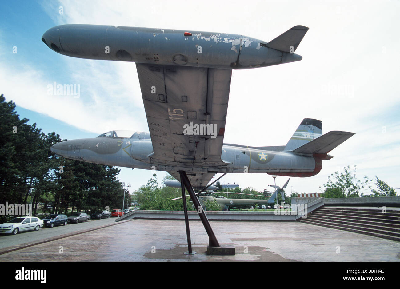 Military jet exposed in front of the Aeronautical museum at Nikola Tesla airport, Belgrade, Serbia Stock Photo