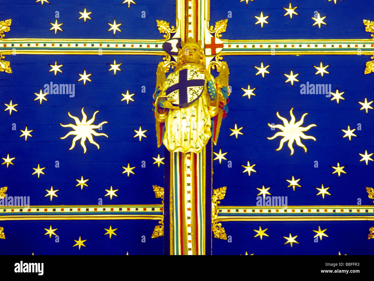 Carlisle Cathedral choir blue painted ceiling star stars English medieval art boss bosses Cumbria England UK cathedrals English Stock Photo