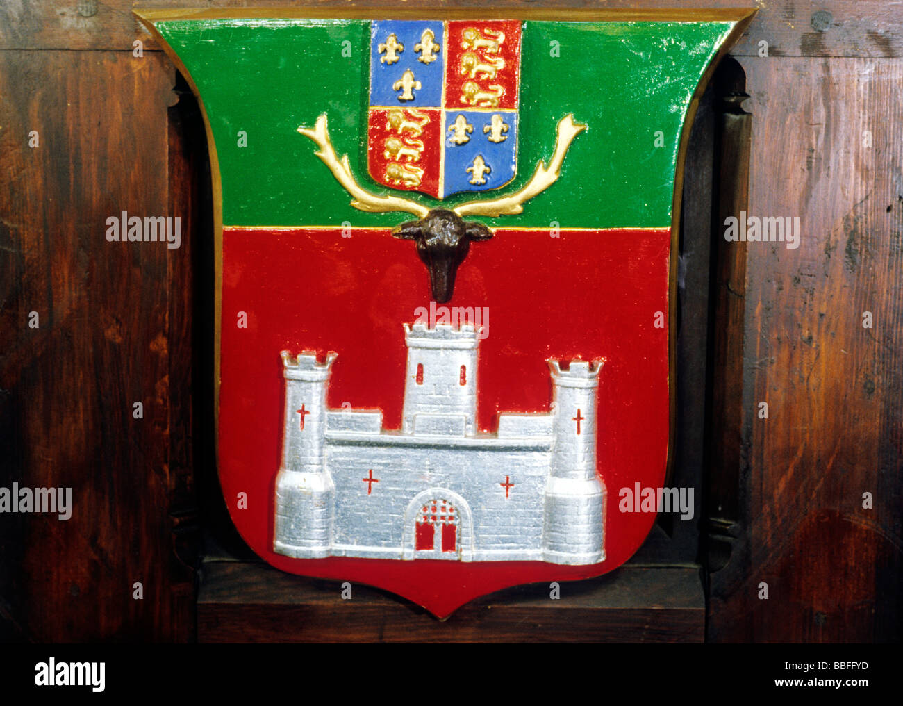Windsor town coat of arms on church pew Berkshire England UK heraldry heraldic shield Stock Photo