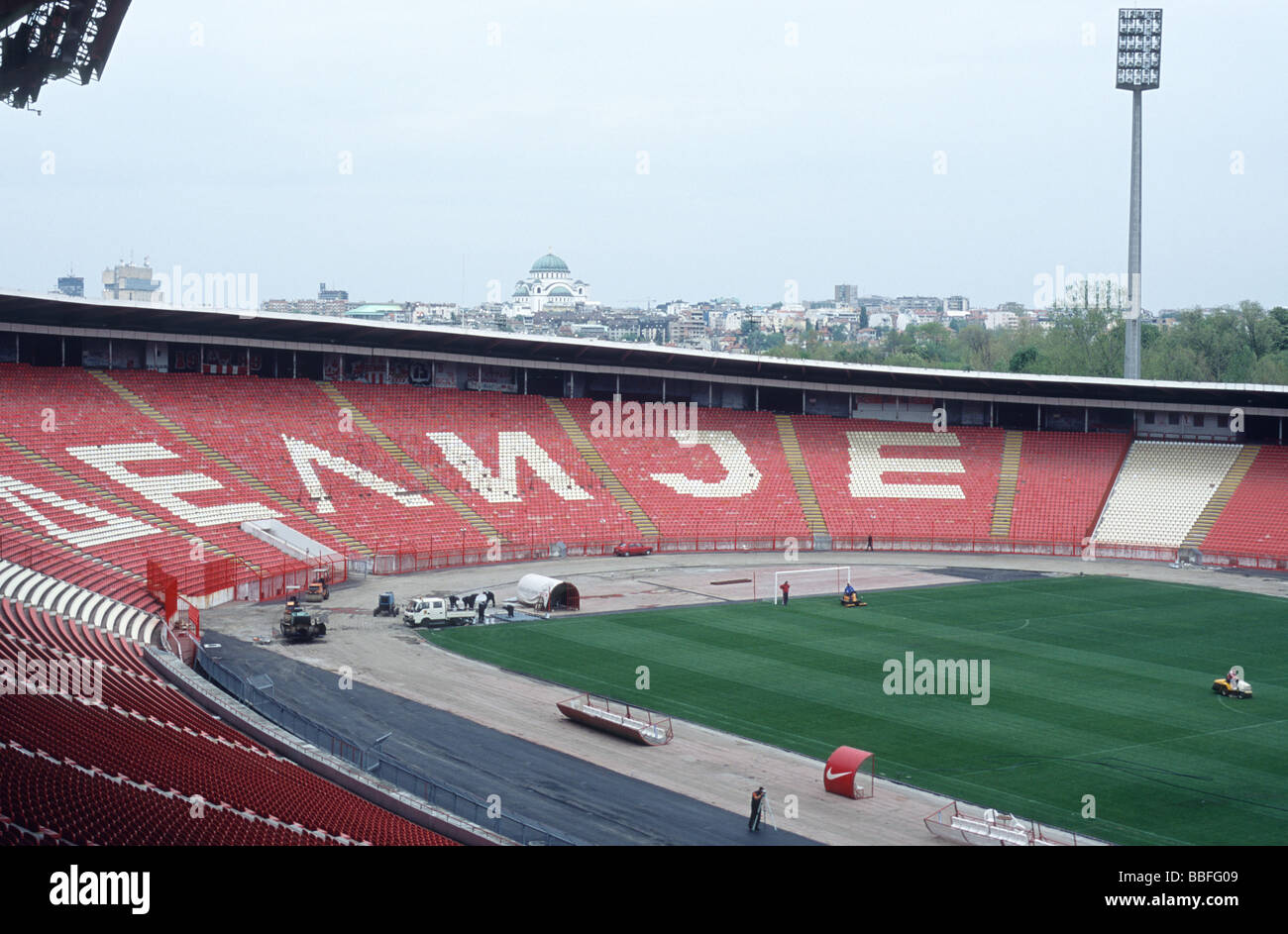 Empty Red Star Belgrade stadium interior with Sveti Sava in the background, Dedinje, Belgrade, Serbia, Balkans Stock Photo