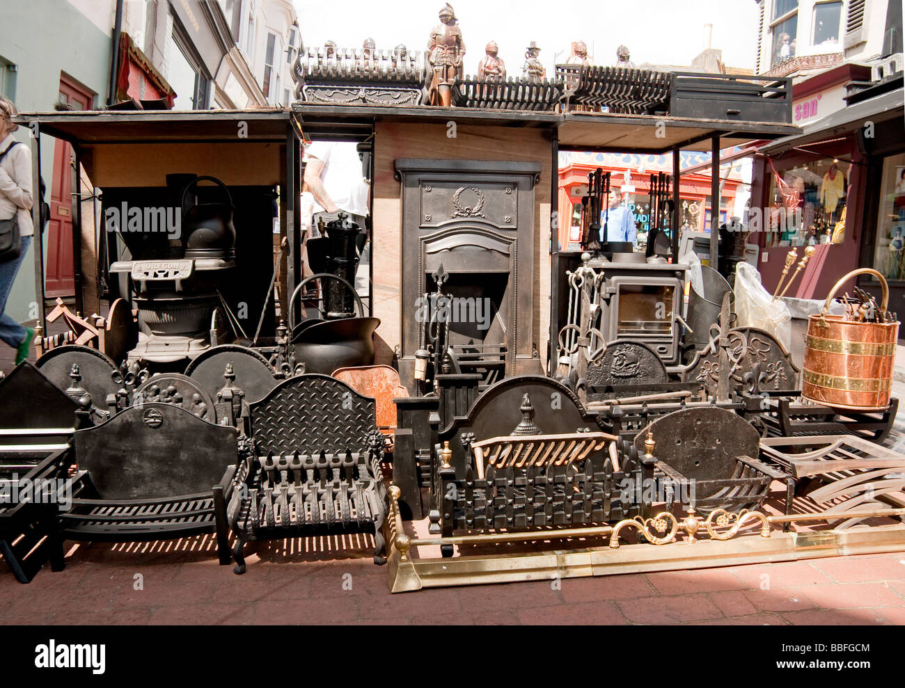 Old Fireplaces And Grates On Sale In An Openair Market Stock Photo