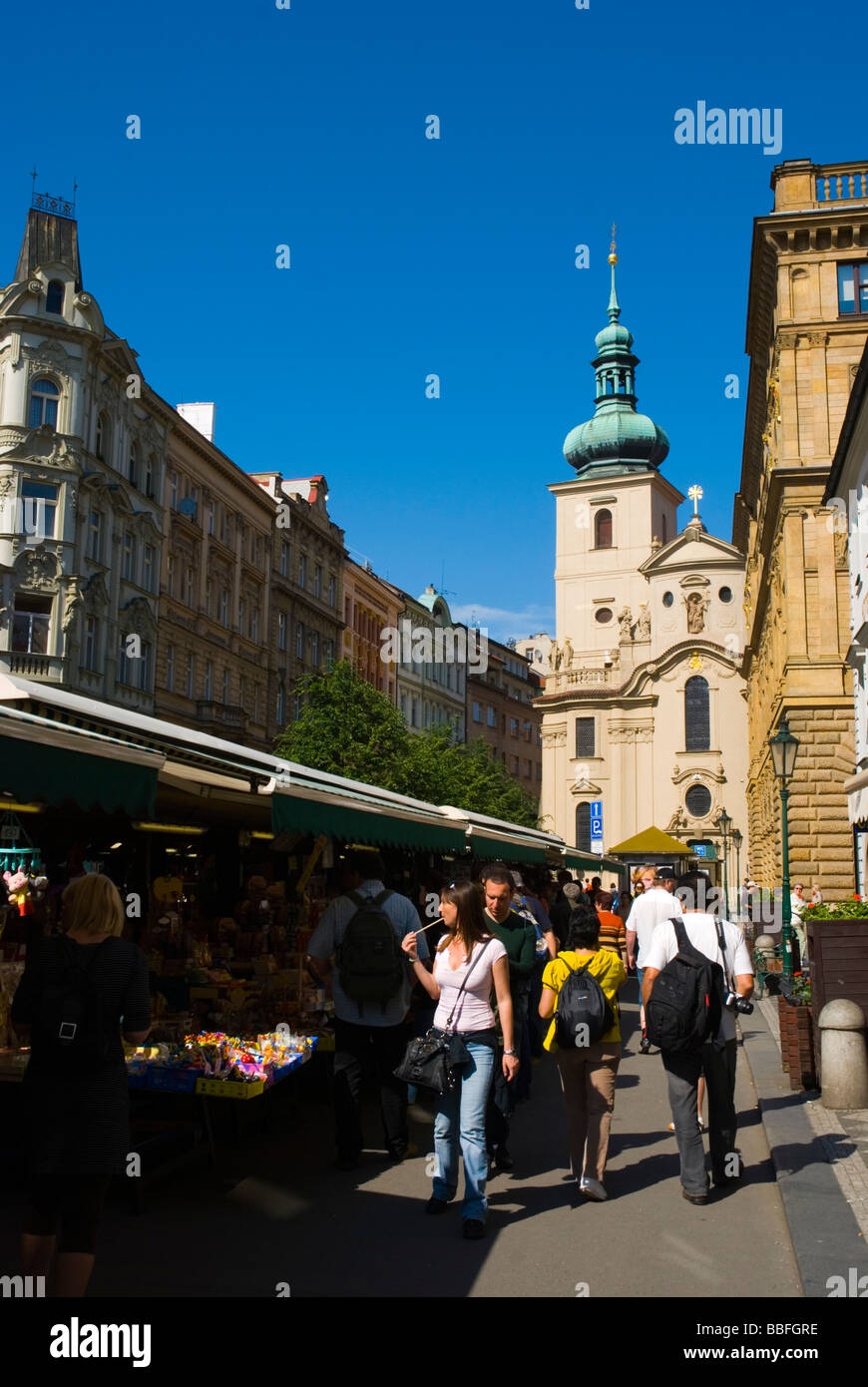 Havelska market street with Sv Havel church in background in old town Prague Czech Republic Europe Stock Photo