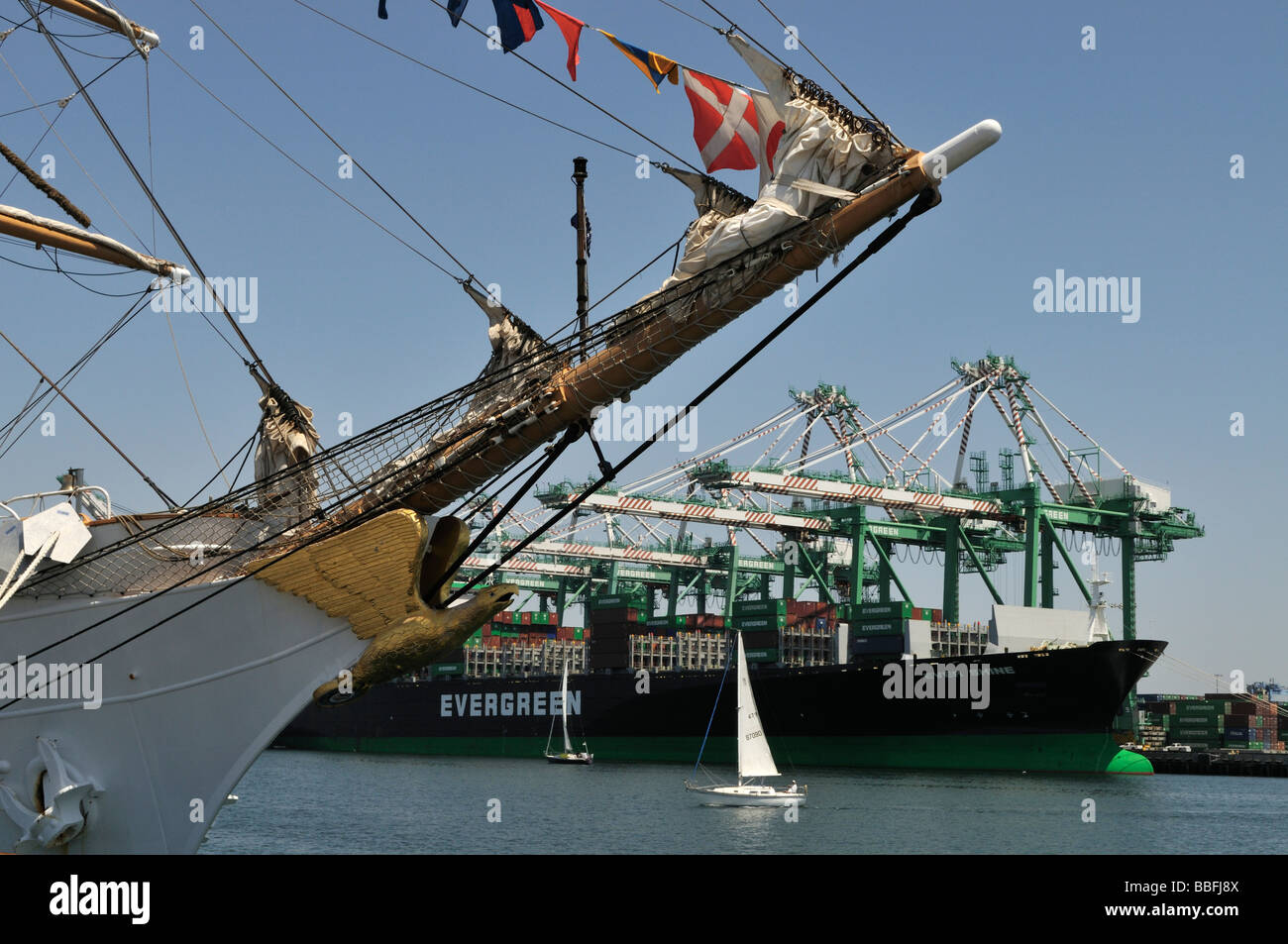 Detail view of the bow of the USCG Barque Eagle docked along the main channel of Port of Los Angeles during Festival of Sail Stock Photo