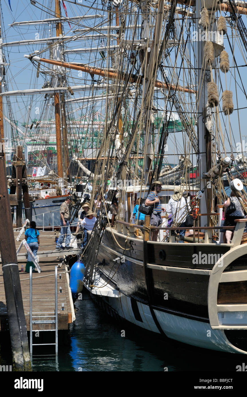 Visitors are welcome onboard the classic old style tall ships docked along the main channel of Port of Los Angeles Stock Photo