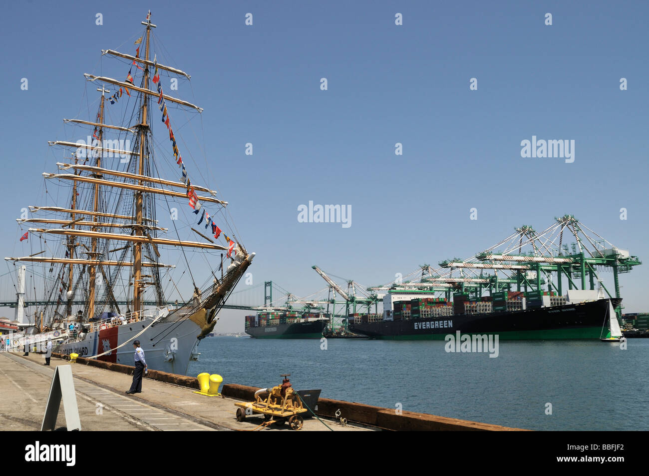 USCG Barque Eagle docked along the main channel of Port of Los Angeles during Festival of Sail Stock Photo