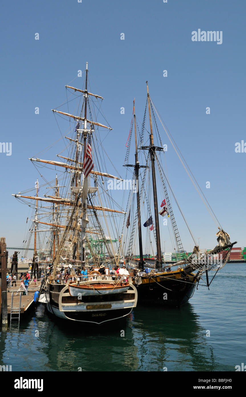Classic old style tall ships docked along the main channel of Port of Los Angeles during Festival of Sail Stock Photo