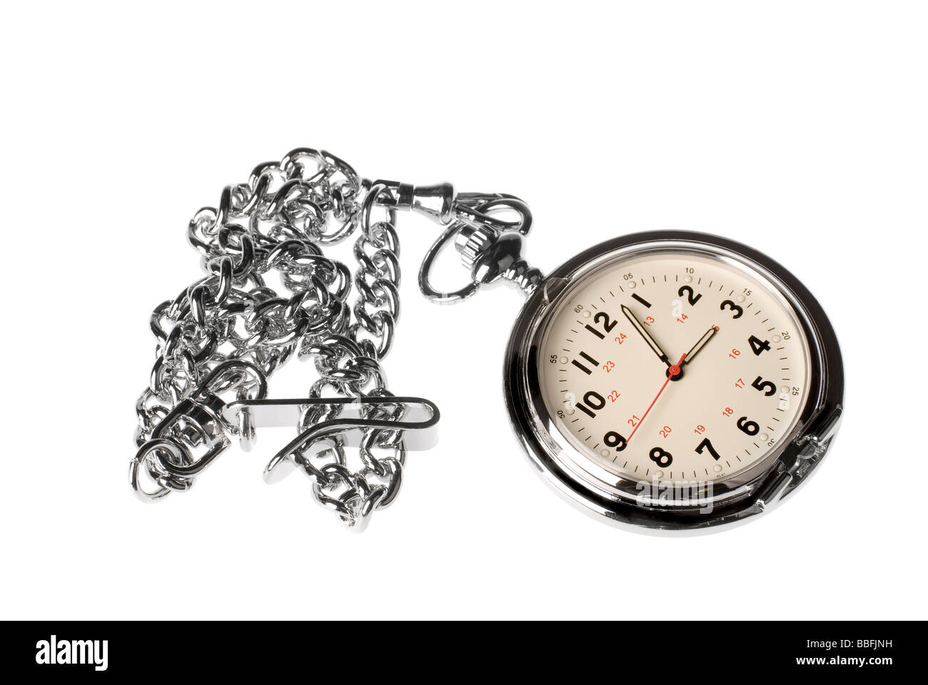 A silver chrome pocket watch with decorative chain and watch isolated on a white background Stock Photo