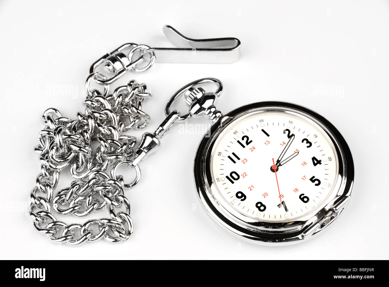 A silver chrome pocket watch on a white background Stock Photo