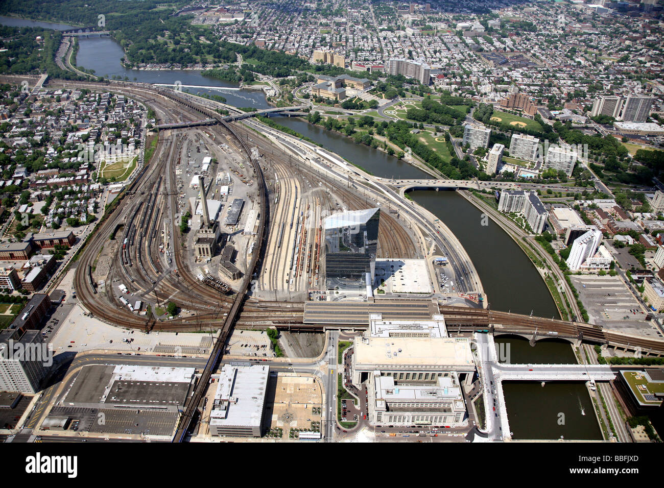 Aerial view of railroad tracks and train station near Philadelphia, Pennsylvania, U.S.A. Stock Photo