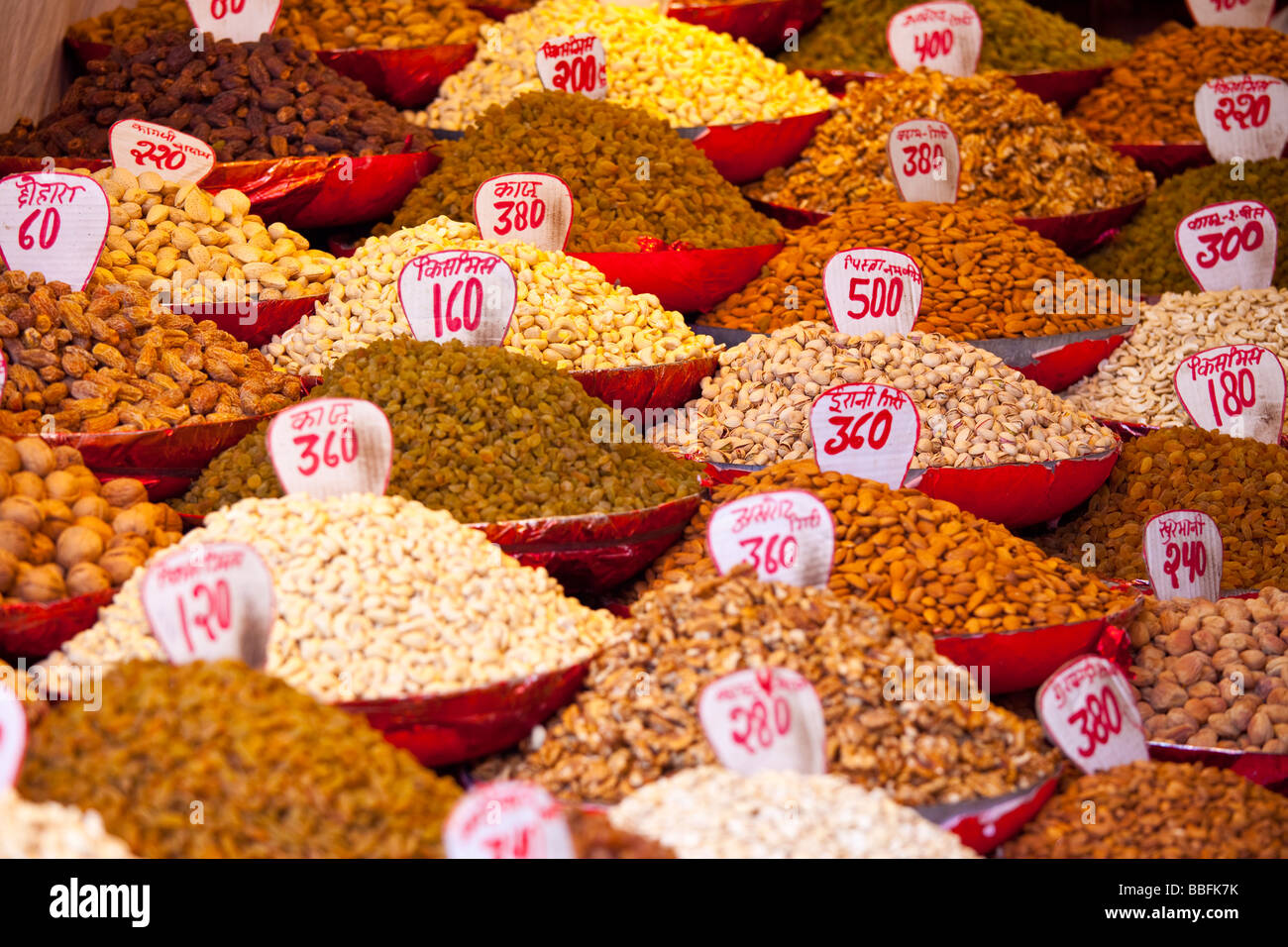 Dried Fruits and Nuts in the Spice Market in Old Delhi India Stock