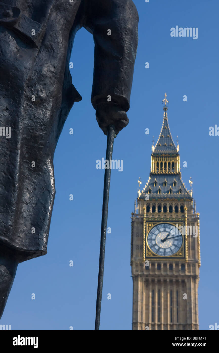 Winston Churchill Statue and BigBen Stock Photo