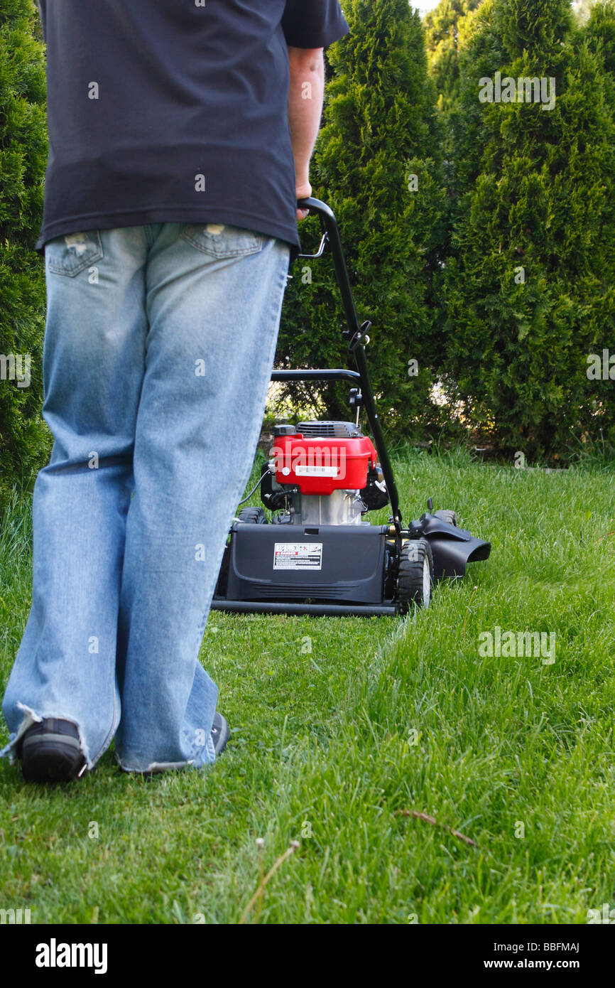 A man mowing the lawn grass mower self propelled machine cutting grass Stock Photo