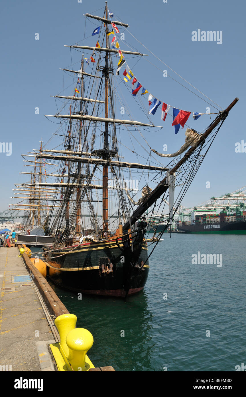 Replica of the famous HMS Bounty docked along the main channel of Port of Los Angeles Stock Photo