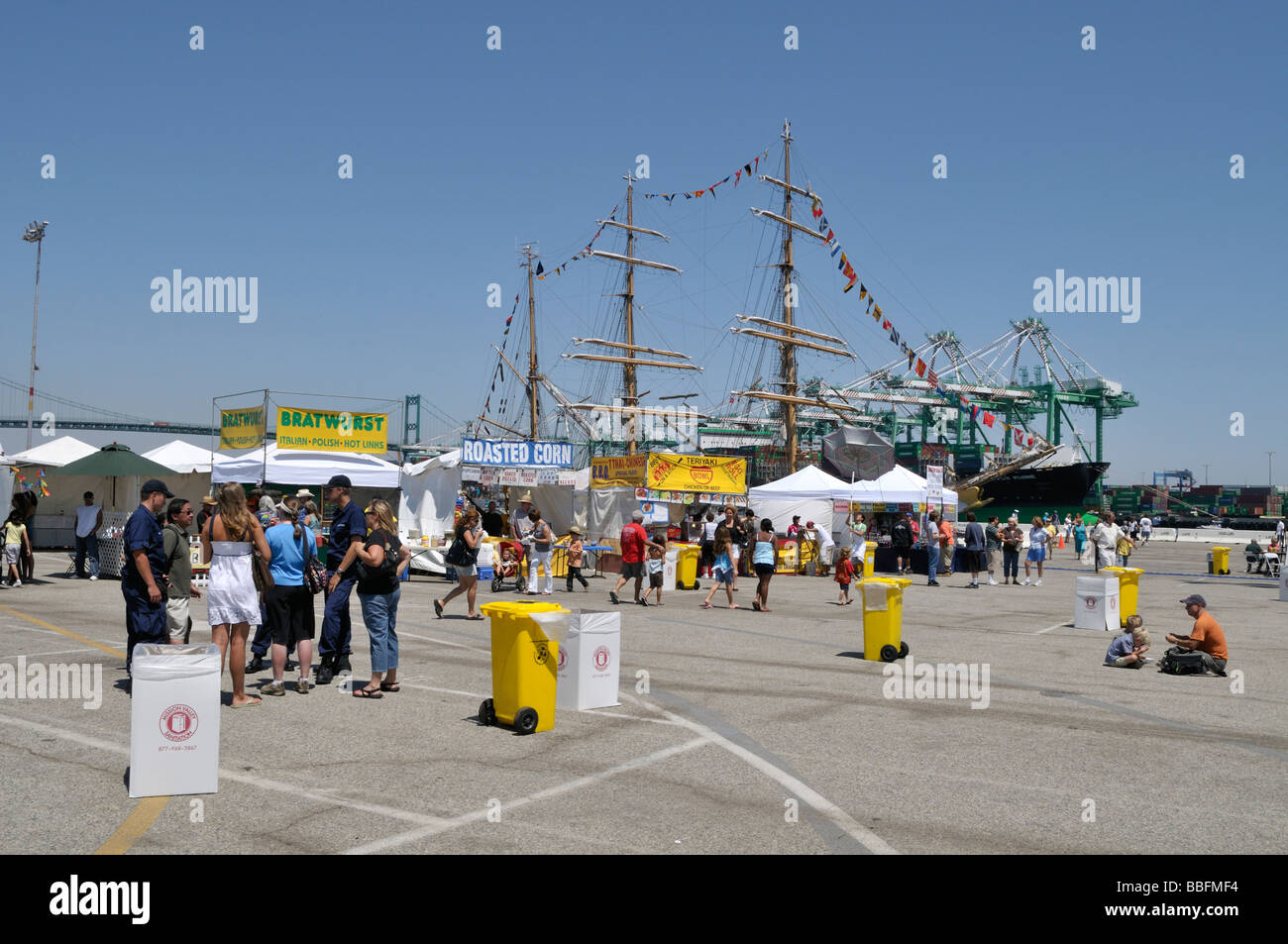 Ships docked along the main channel of Port of Los Angeles during Festival of Sail Stock Photo