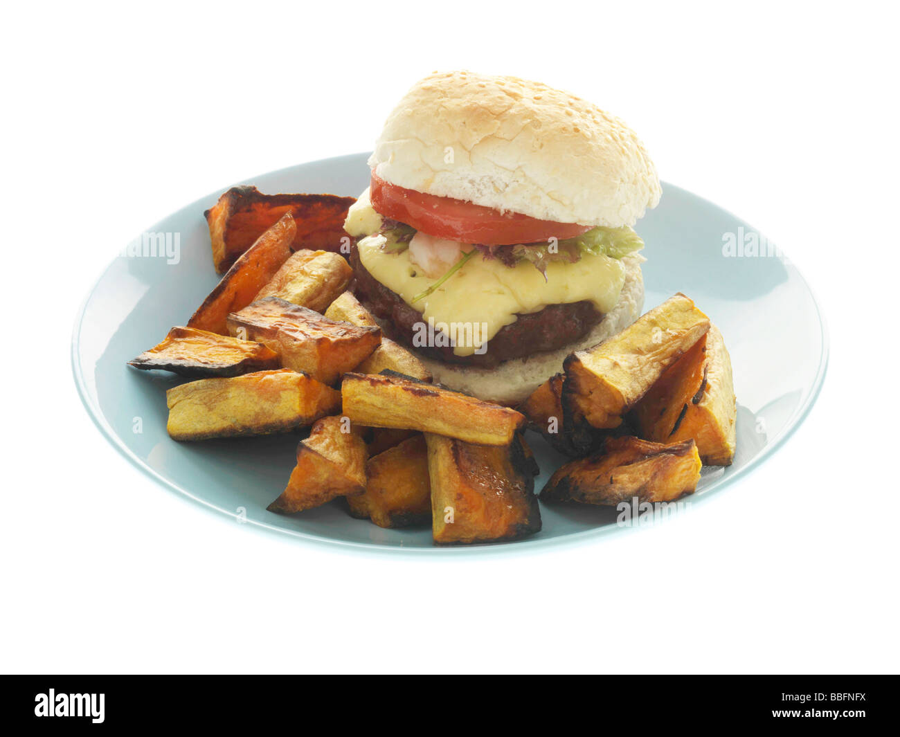 Home Made Cheeseburger with Sweet Potato Wedges Stock Photo