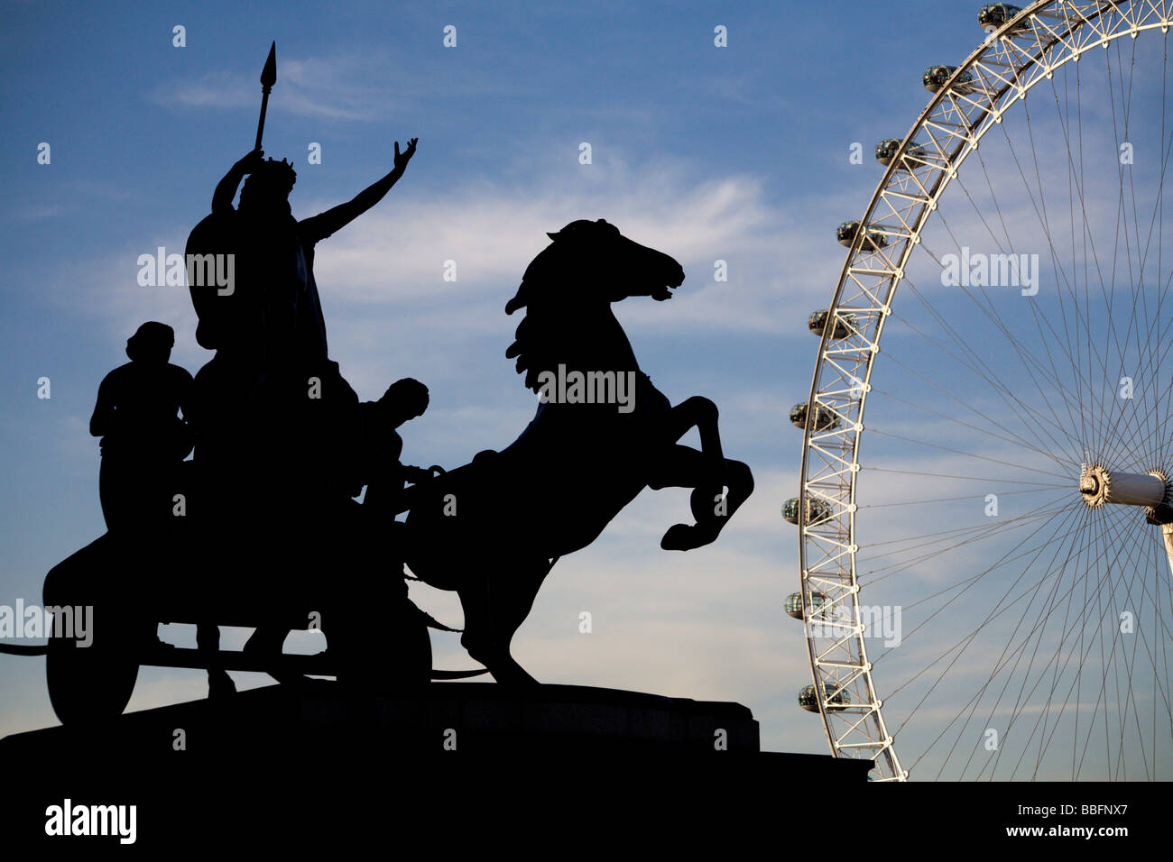 London - London eye and silhouette of Boudica sculpture Stock Photo