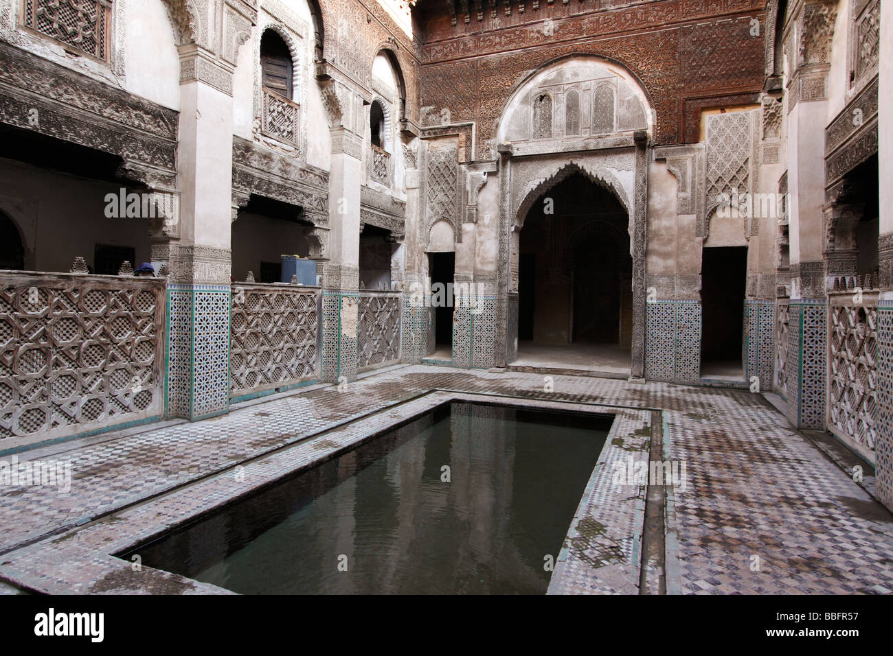 Africa, North Africa, Morocco, Fes, Fès el Bali, Old Fes, Medina, Medersa Es Sahrij Mosque, Stone, Cedar Wood Carvings Stock Photo