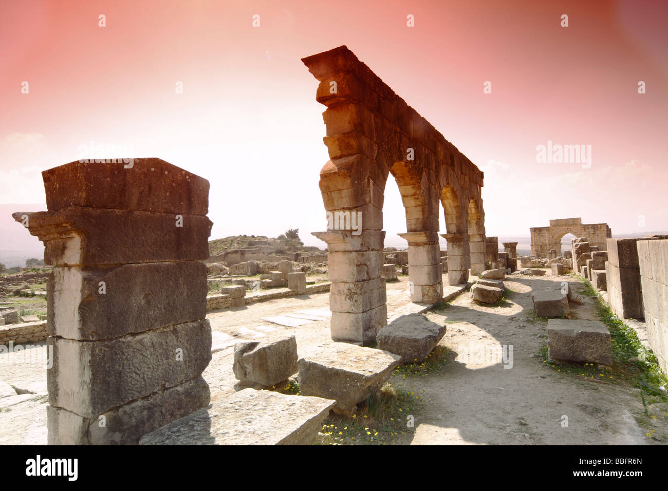 Africa, North Africa, Morocco, Roman Ruins at Volubilis, Aqueduct
