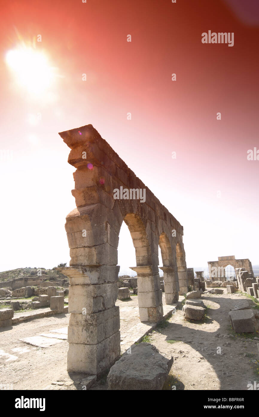 Africa, North Africa, Morocco, Roman Ruins at Volubilis, Aqueduct