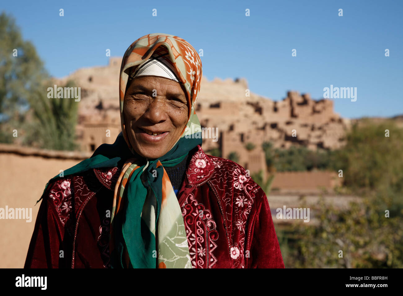 Africa, North Africa, Morocco, Atlas Region, Ouarzazate, Ait Benhaddou, Kasbah, Local Woman Stock Photo