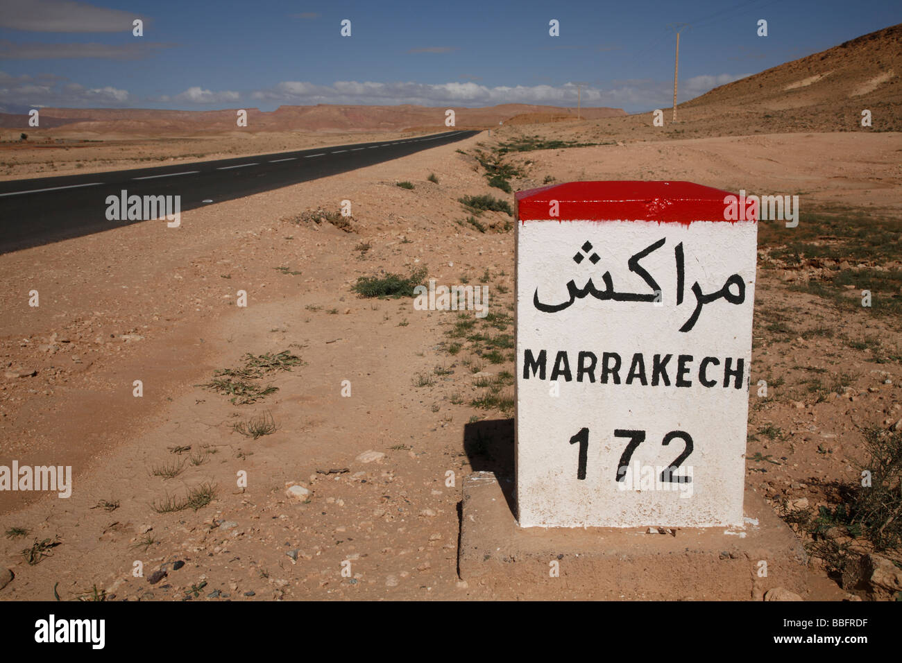 Africa, North Africa, Morocco, Atlas Region, Desert, Marrakech Road Sign, 172 km Stock Photo