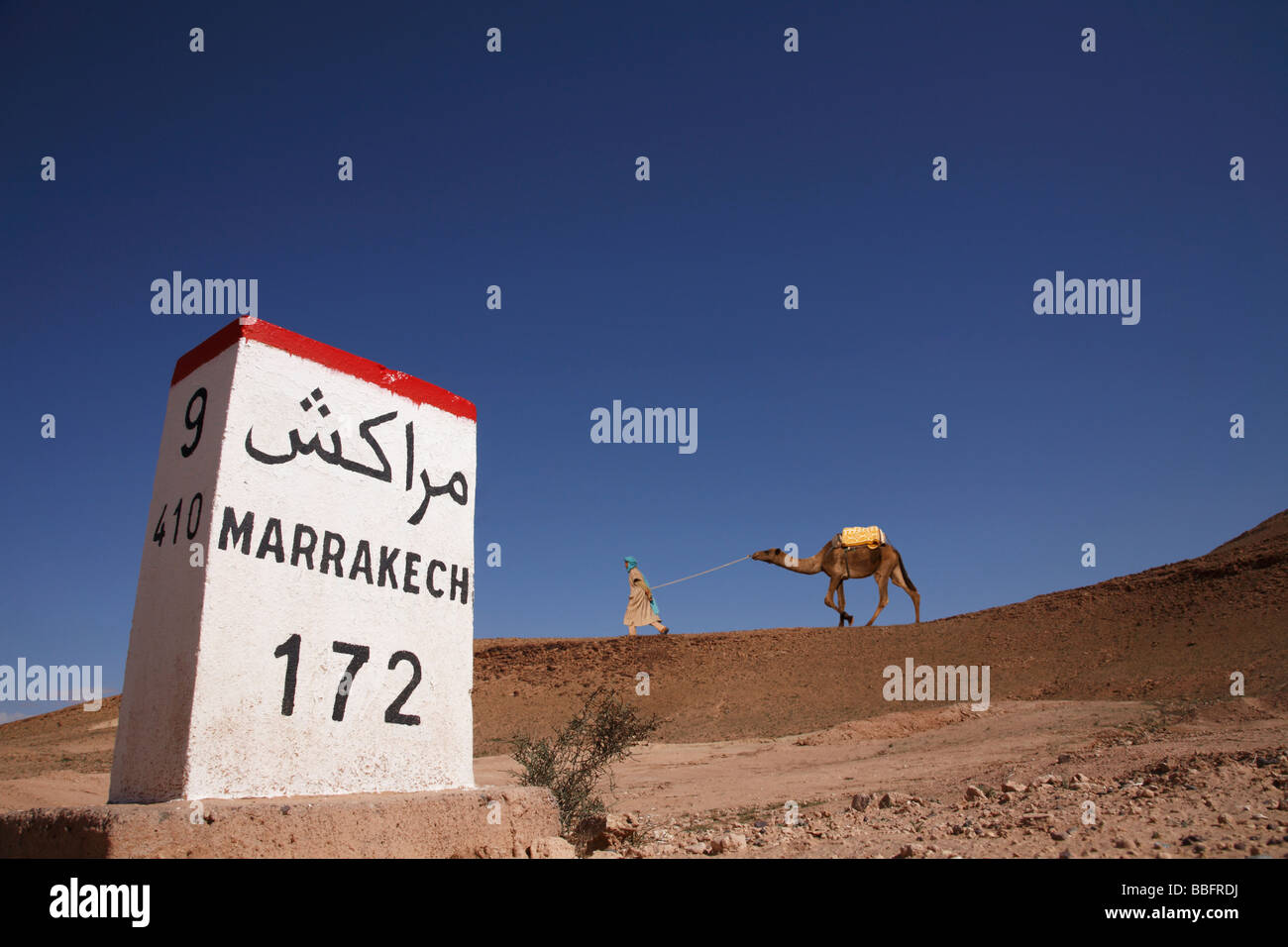 Africa, North Africa, Morocco, Atlas Region, Desert, Marrakech Road Sign, 172 km, Composite Image Stock Photo
