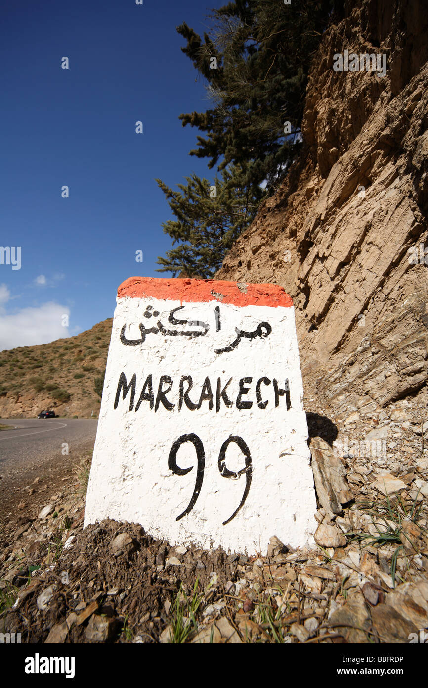 Africa, North Africa, Morocco, Atlas Region, Marrakech, Road Sign, 99 km Stock Photo