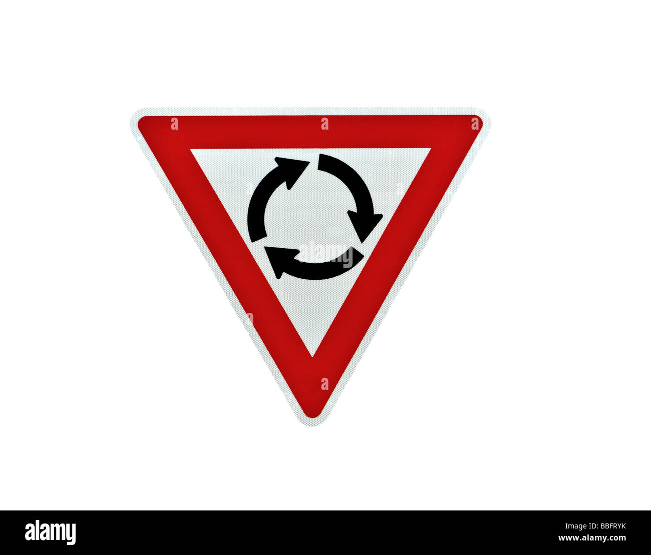 Street or road sign detailing a round about ahead Stock Photo