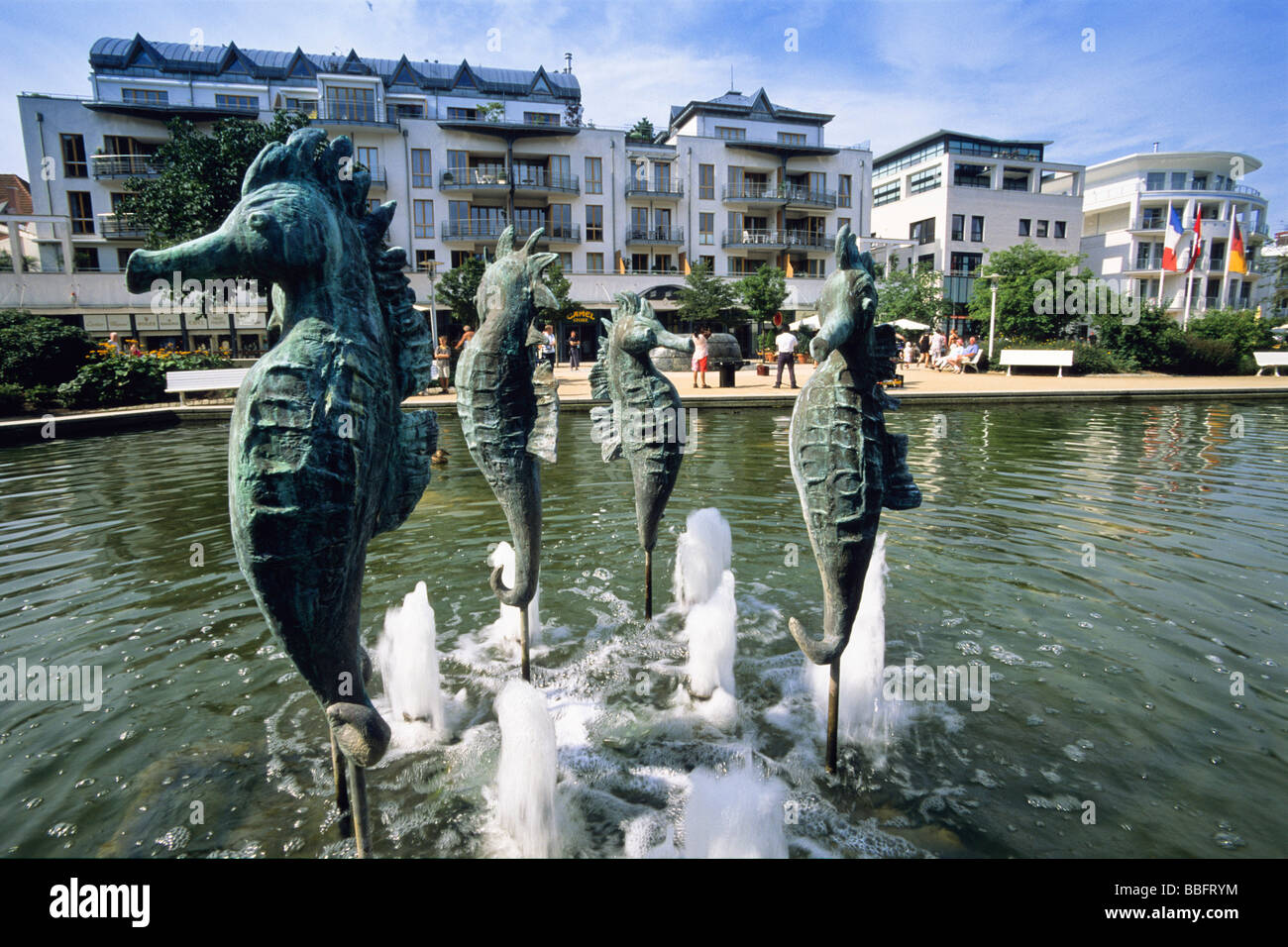 Seepferdchenbrunnen seahorse fountain, Timmendorfer Strand, Luebeck Bay, Baltic Sea, Germany, Europe Stock Photo