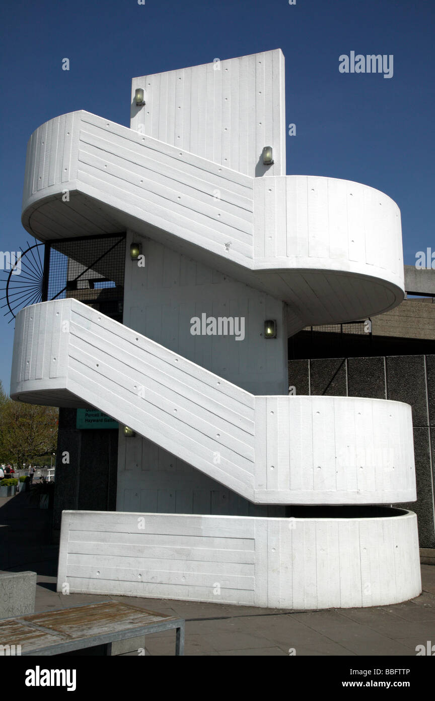 Close-up image of a white-painted Brutalist concrete staircase near the Hayward Gallery, in the Southbank Centre, London. Stock Photo