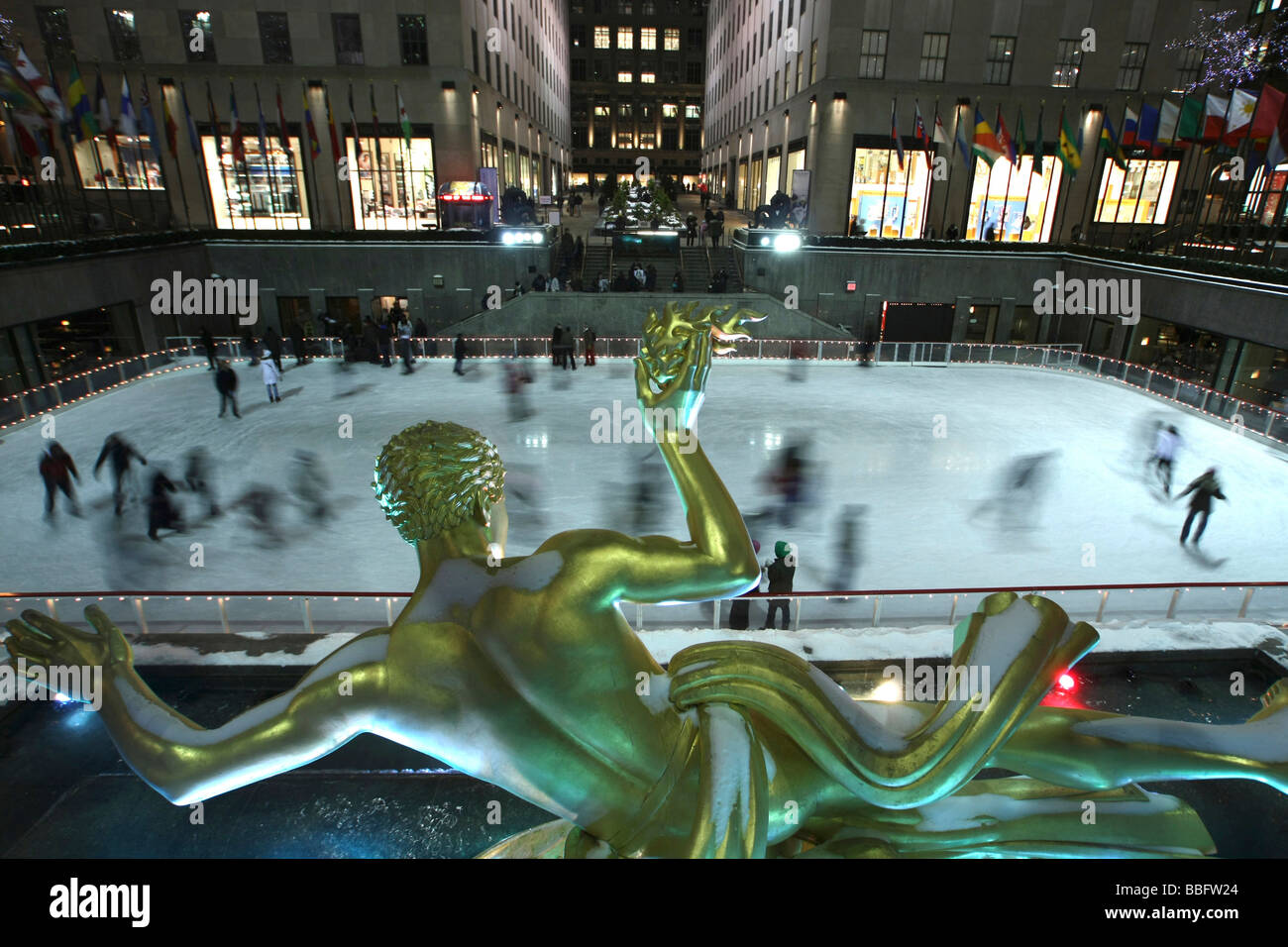 Ice rink, ice skating rink, Rockefeller Center, Manhattan, New York City, NYC, USA, United States of America Stock Photo