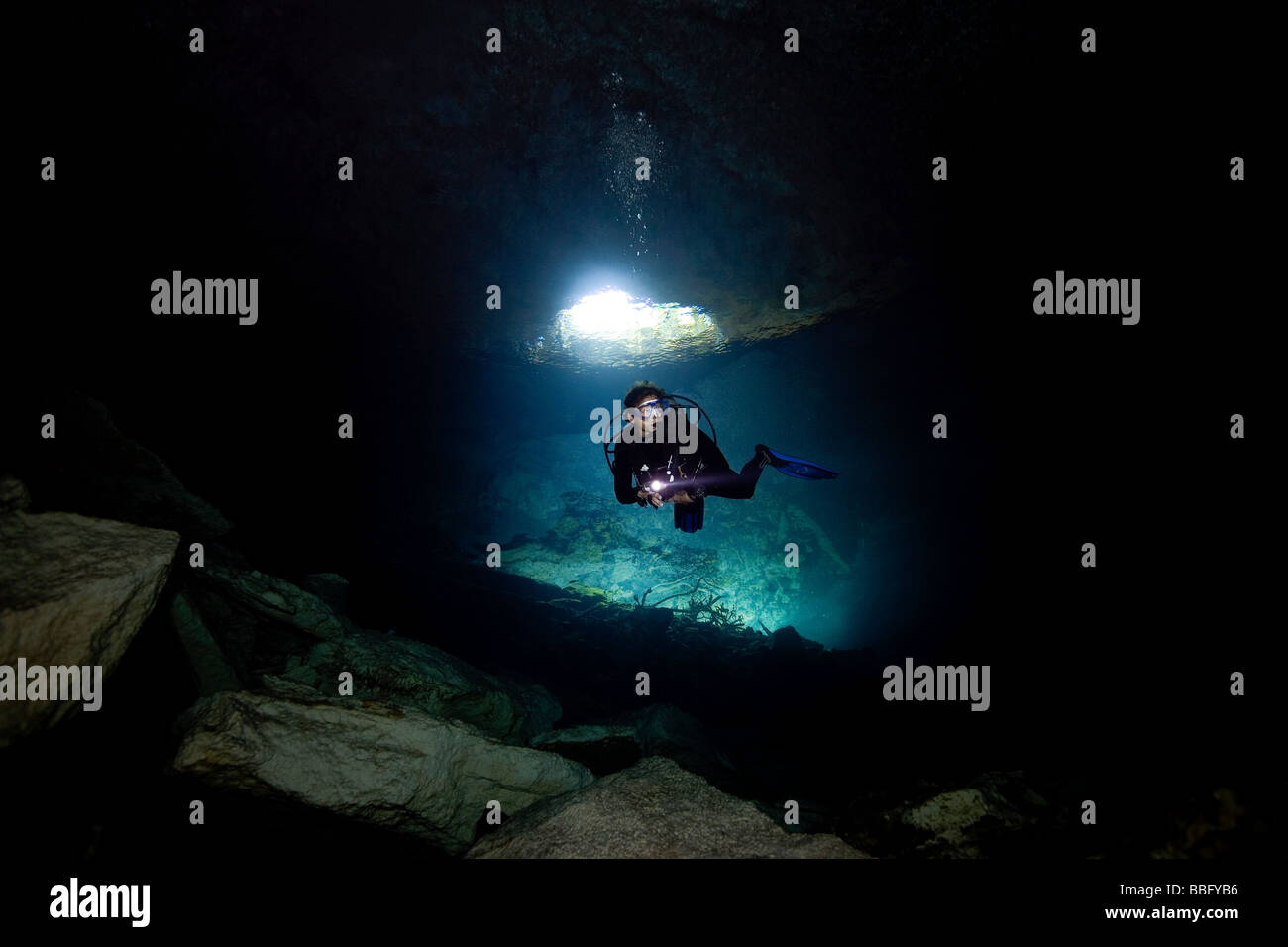 Scuba diver in cavern. Stock Photo