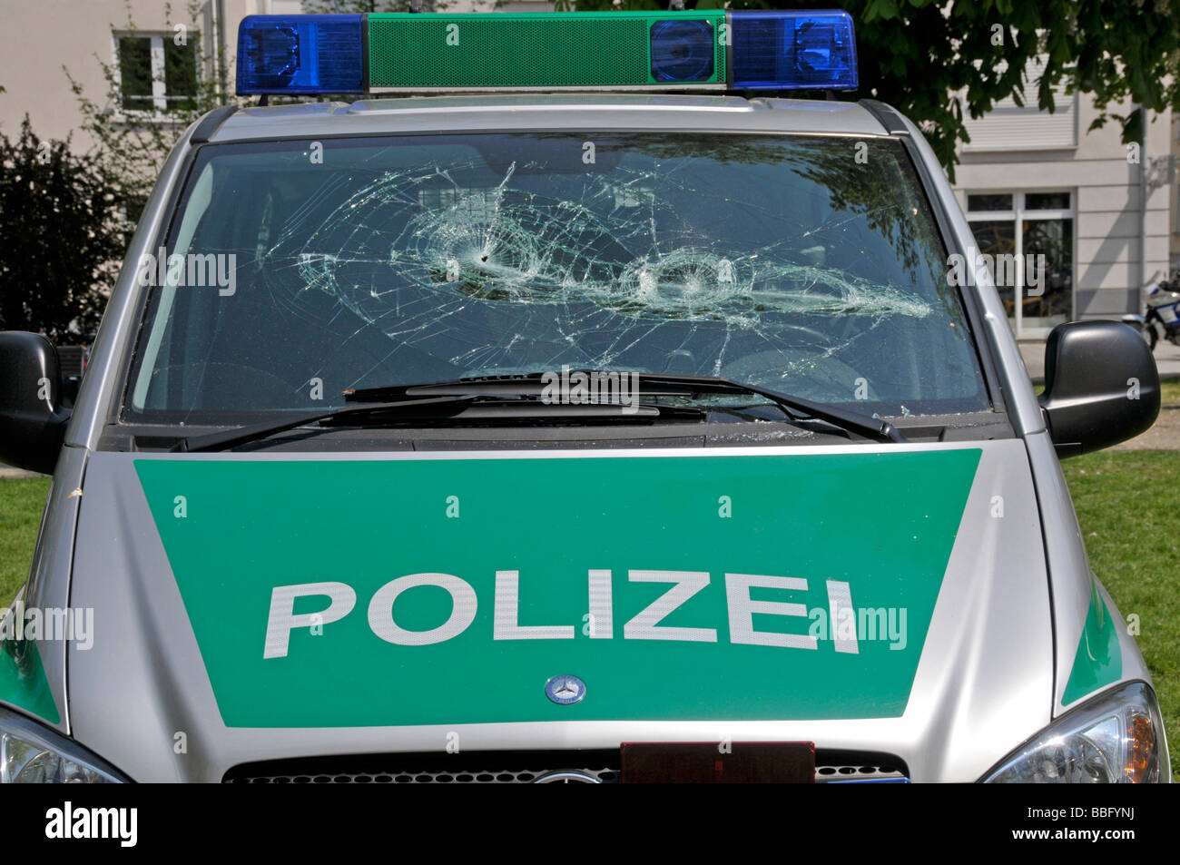 Police car at a demonstration against a neo-Nazi march in Ulm, Baden-Wuerttemberg, Germany, Europe Stock Photo