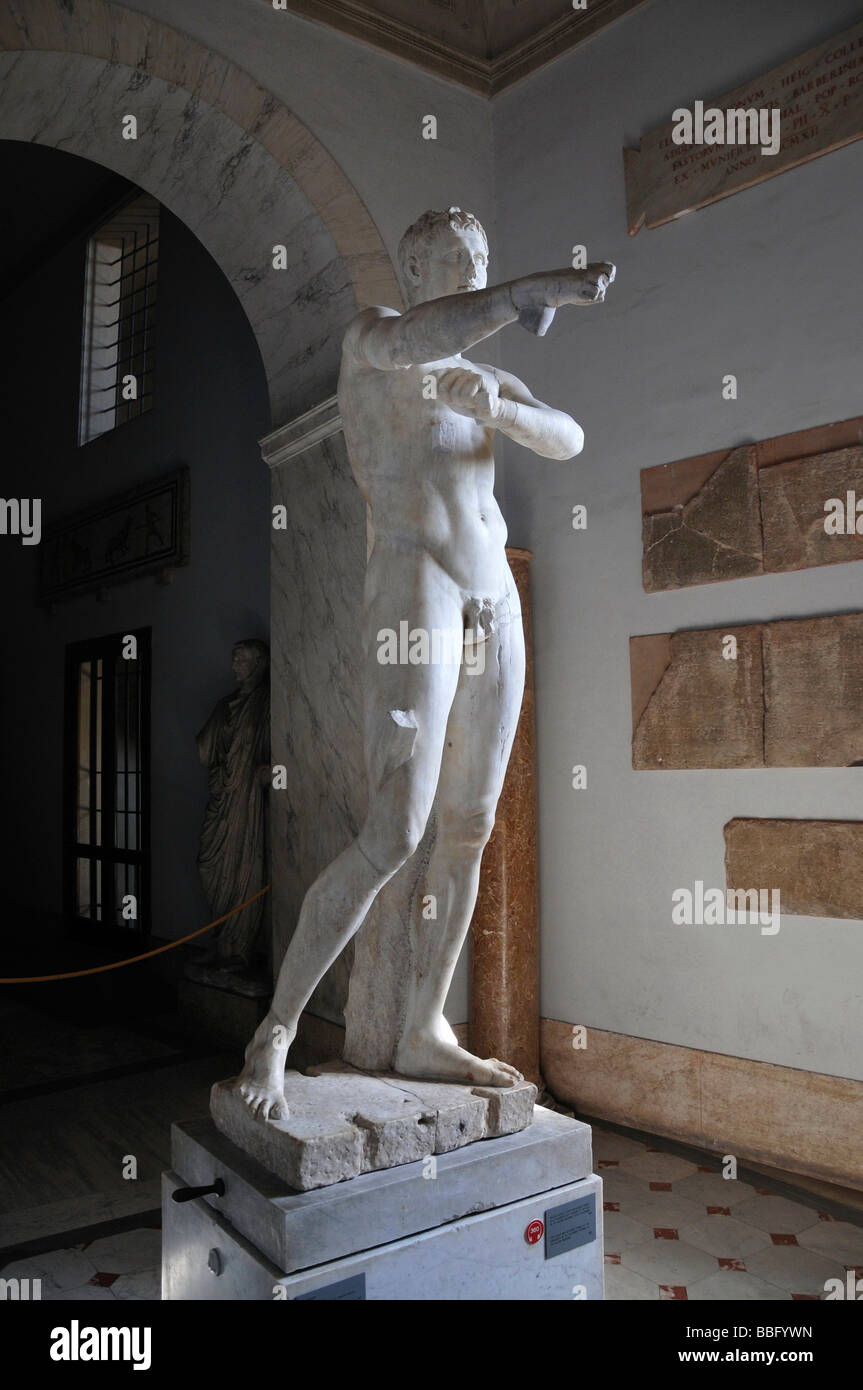 Athlete wipes away sweat with a utensil, work by Lysipp, Cabinet of Apoxyomenos, Museo Pio-Clementino, Vatican Museums, Old Tow Stock Photo