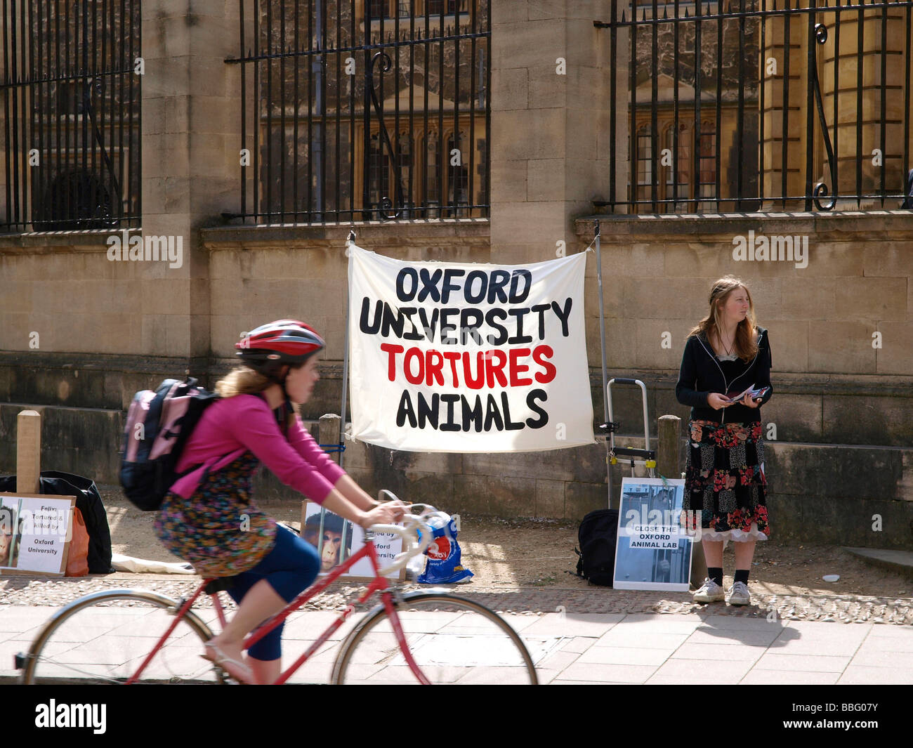 Animal rights protester campaigns outside the Clarendon Building disrupting the graduation precession at Oxford University. Stock Photo