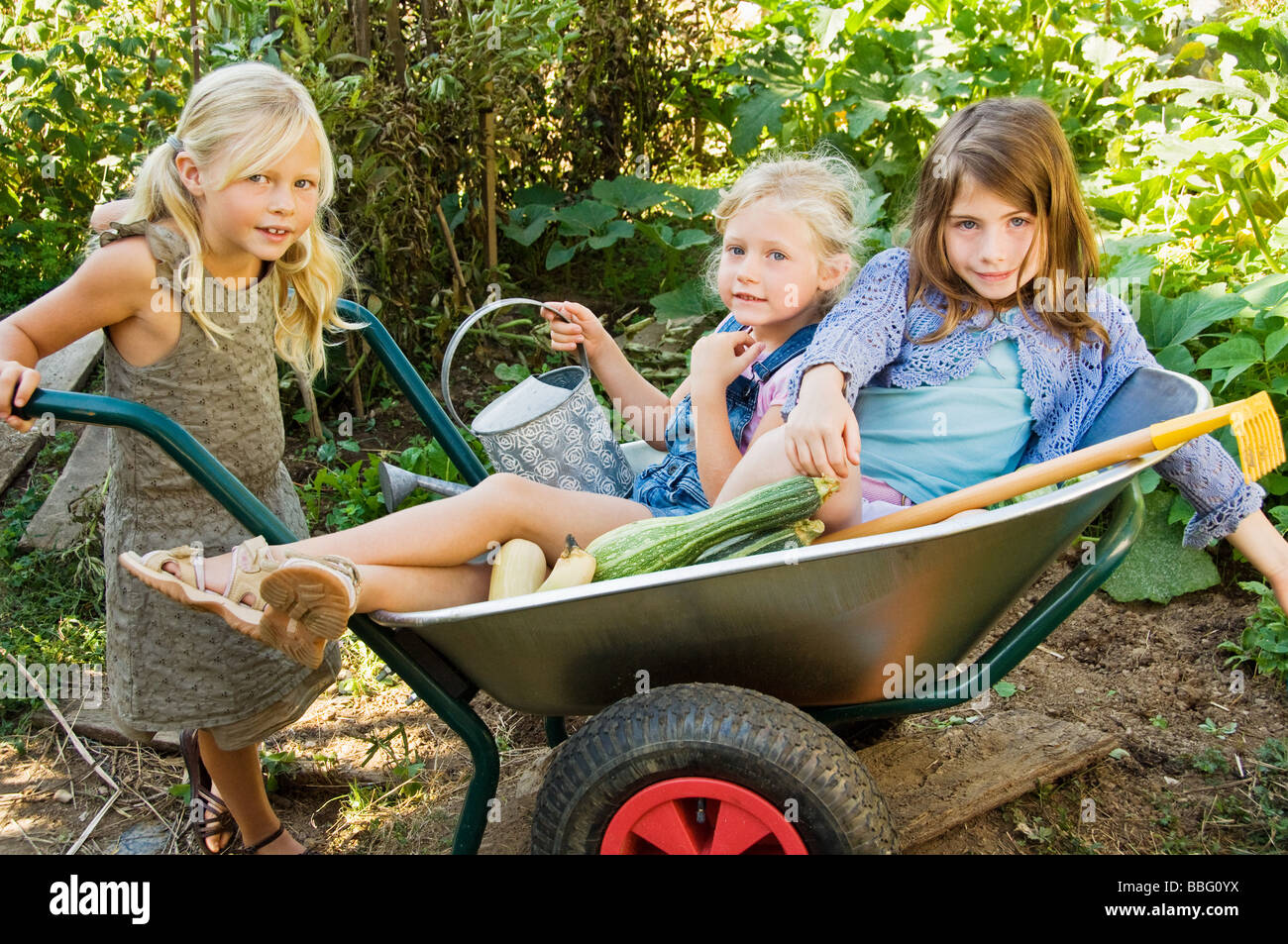 Girls in a wheelbarrow Stock Photo - Alamy