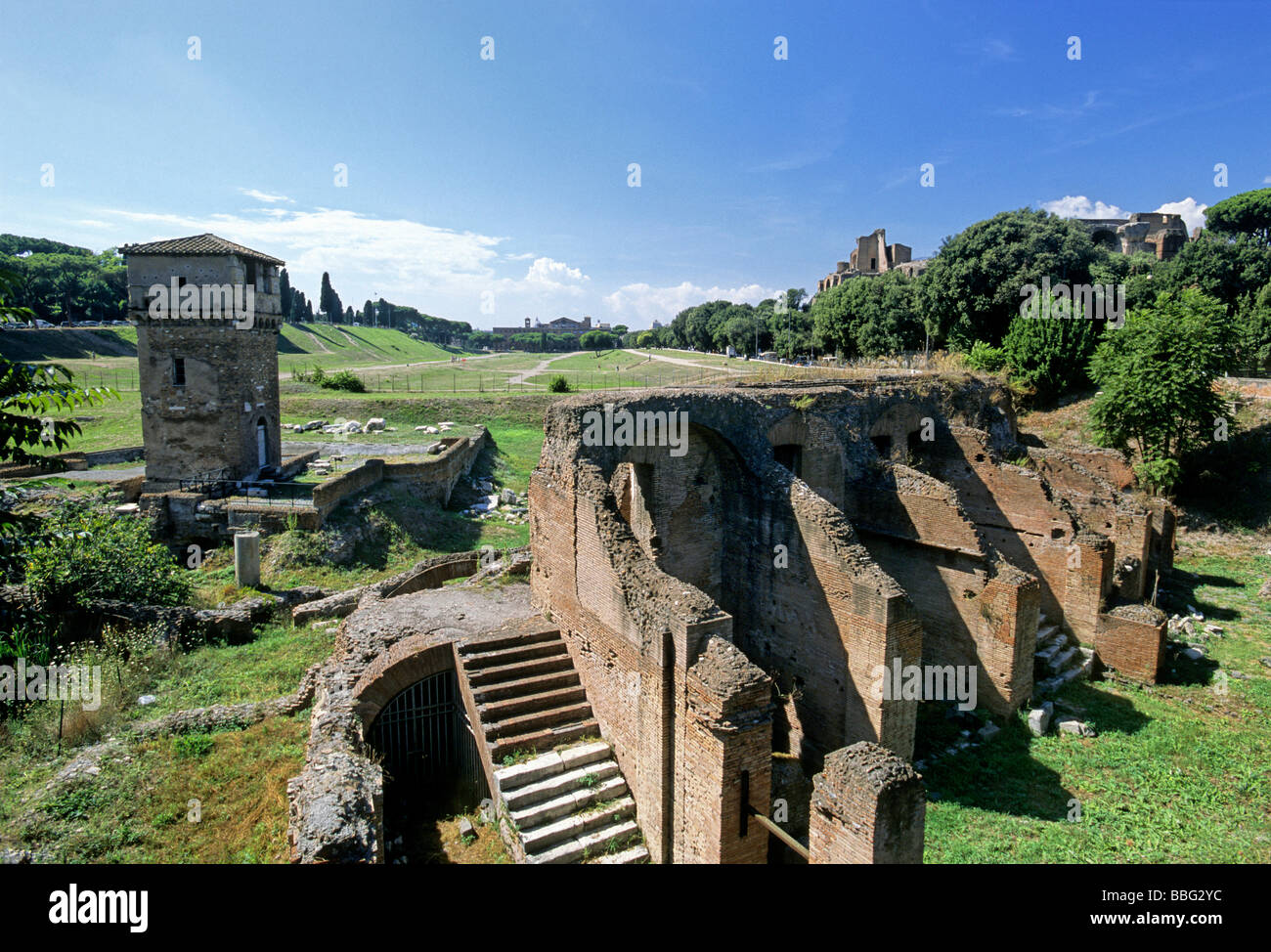 Torre della Moletta, spectator stand, Cavea, of the Circus Maximus, and Domus Severina, Palatine Hill, Rome, Lazio, Italy, Euro Stock Photo
