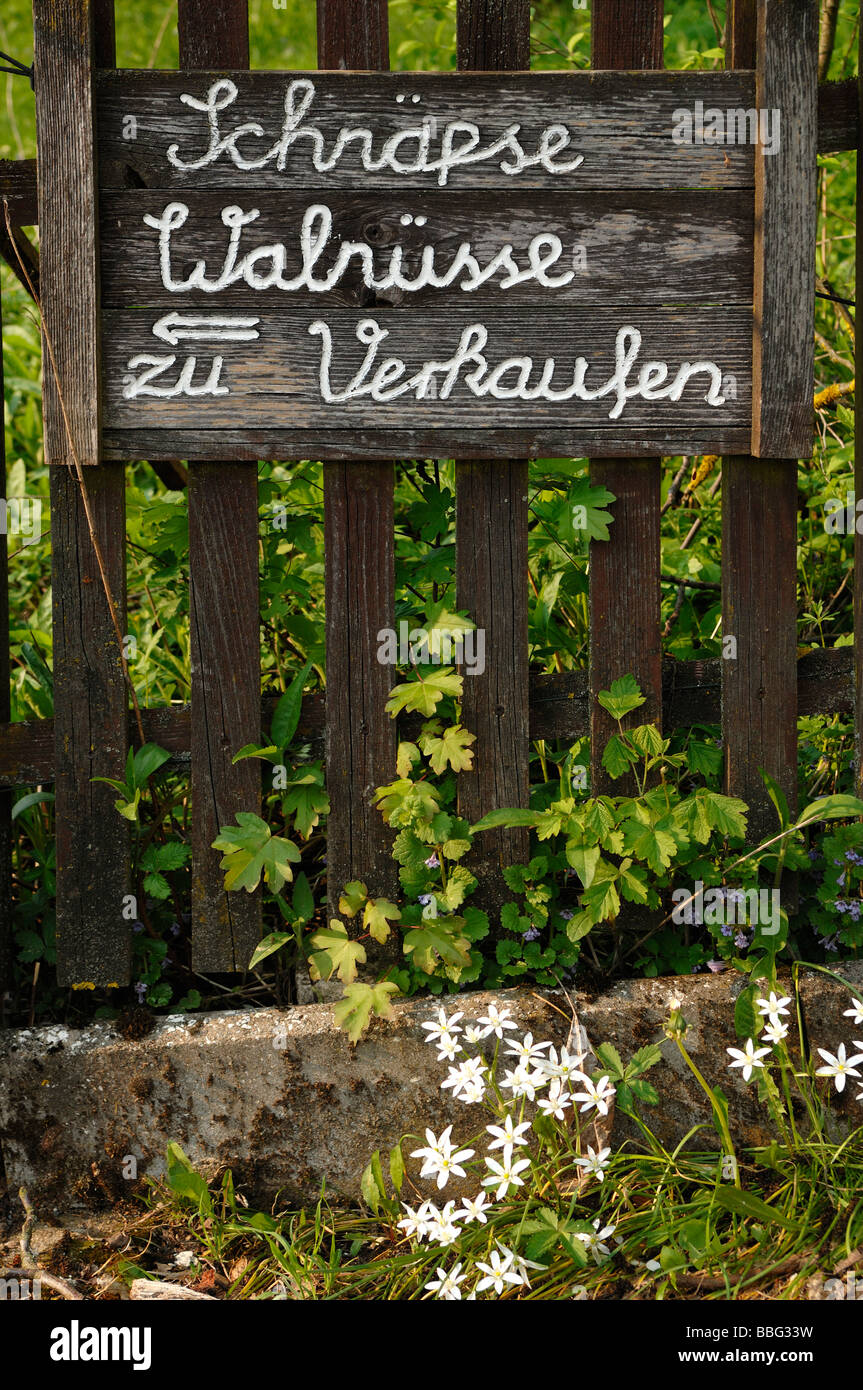Sign for self-marketing on a garden fence, Regensberg, Upper Franconia, Bavaria, Germany, Europe Stock Photo