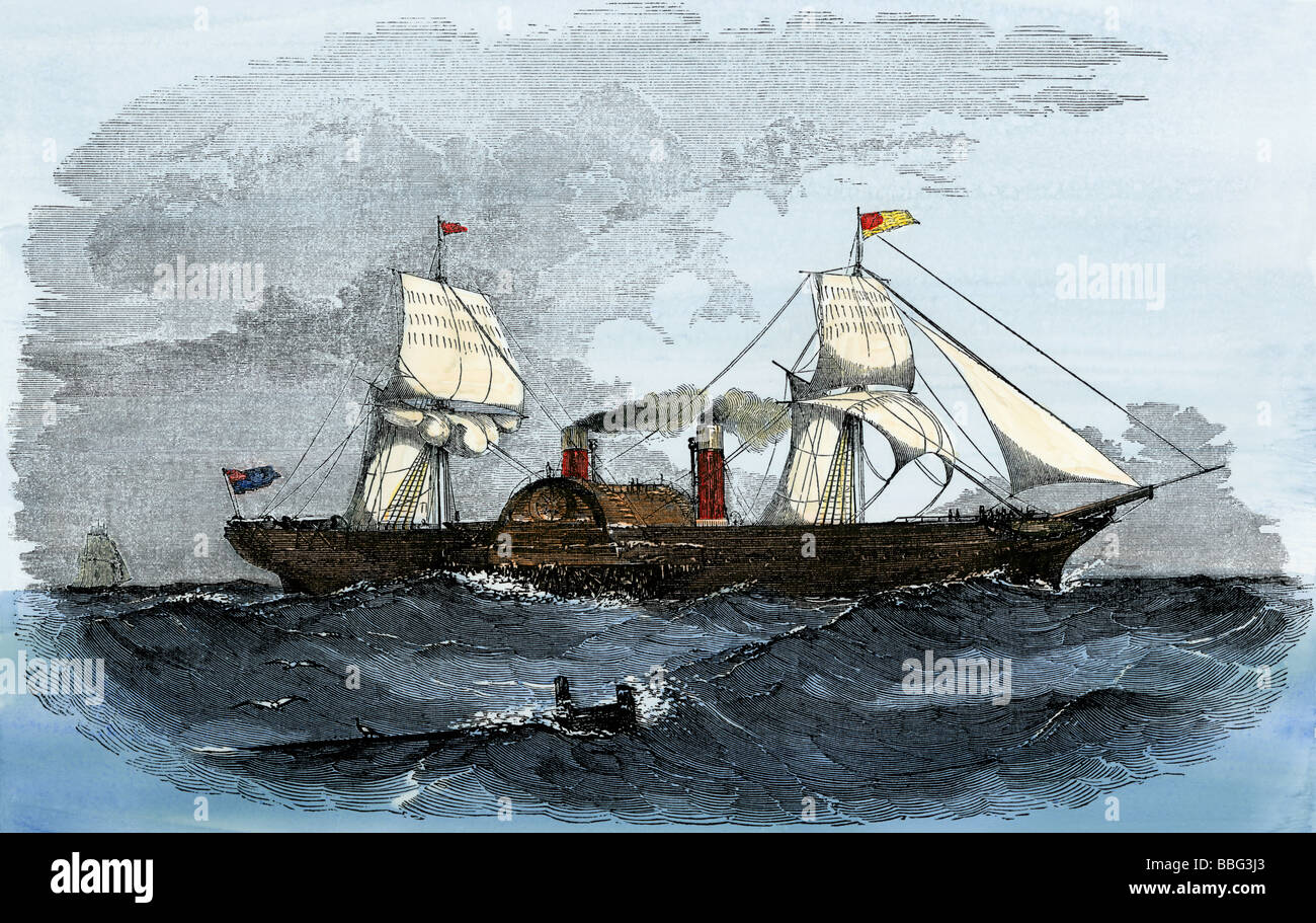 Royal Mail steamship Arabia of the Cunard Line 1850s. Hand-colored woodcut Stock Photo