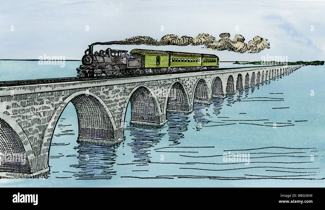 First train over the Key West Railroad Florida. Hand-colored woodcut Stock Photo