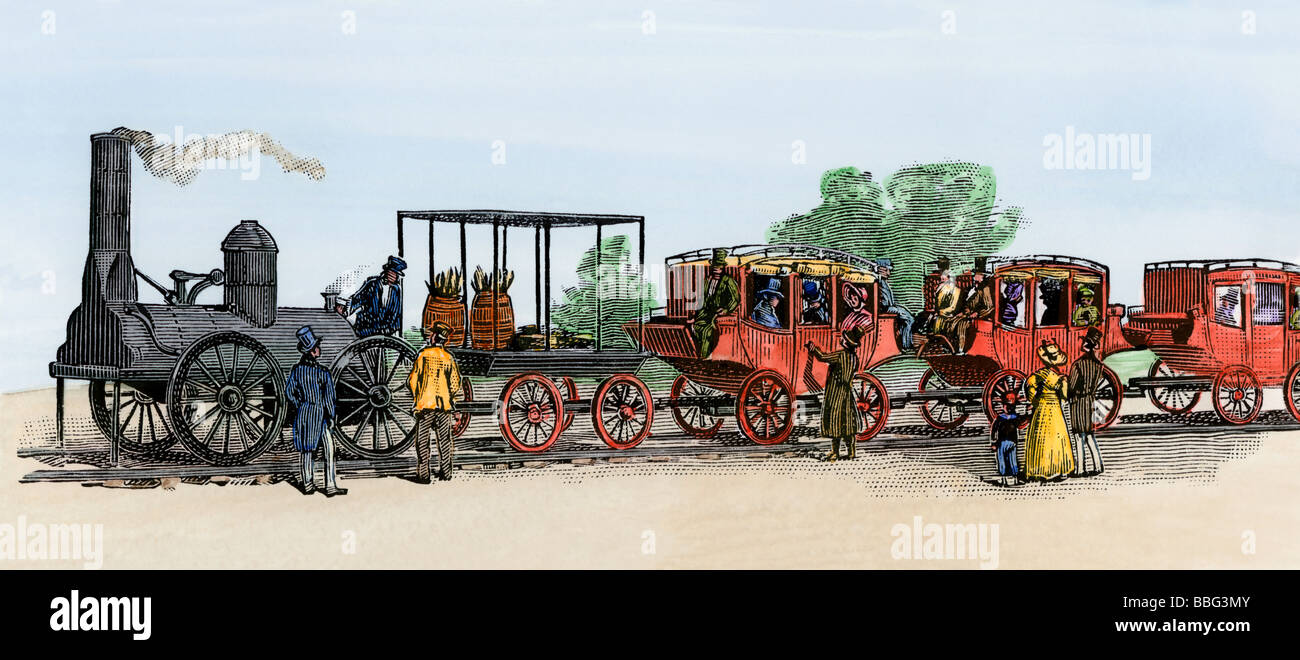 First steam train on the Mohawk and Hudson Railroad, New York 1831. Hand-colored woodcut Stock Photo