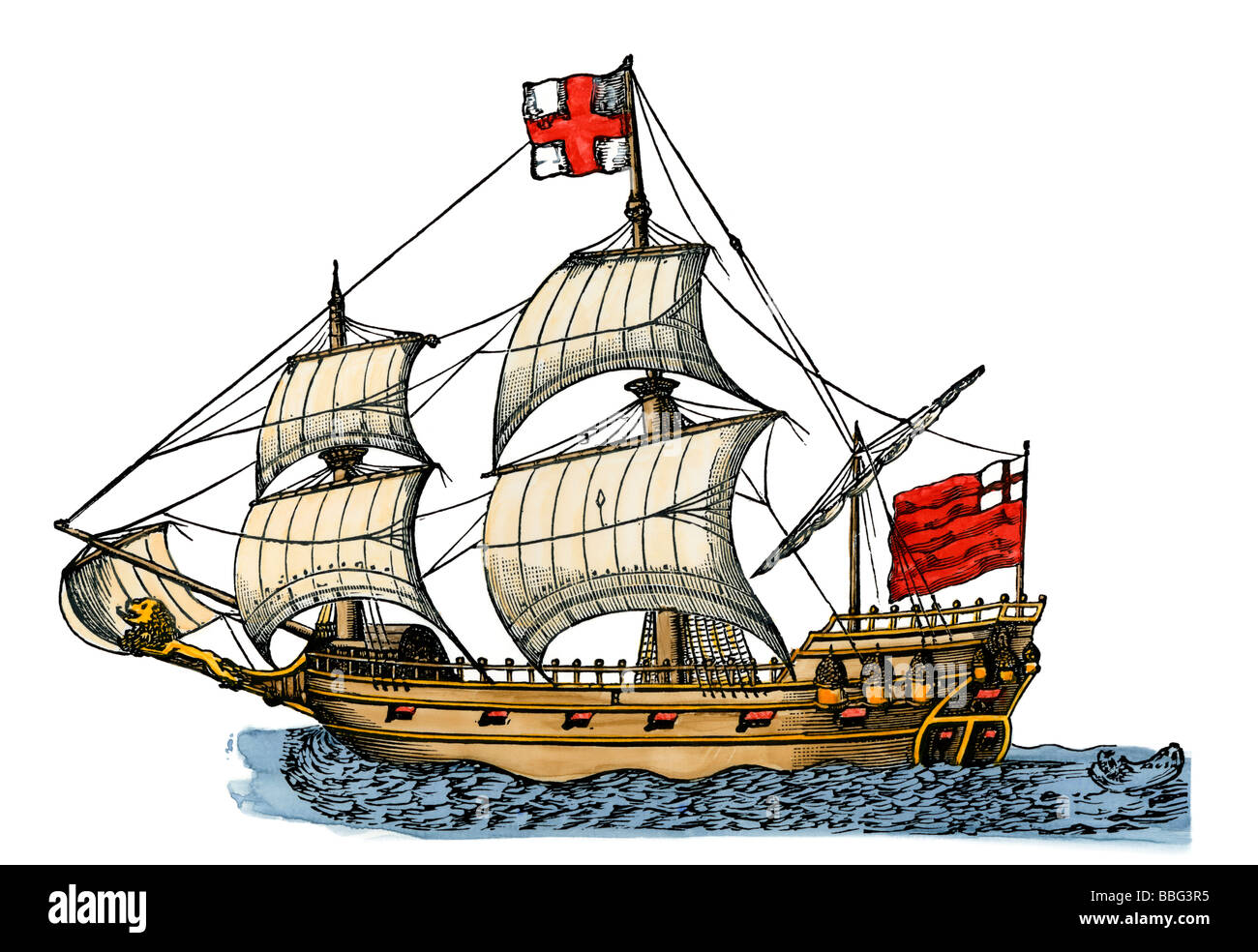 British warship of the 17th century. Hand-colored woodcut Stock Photo
