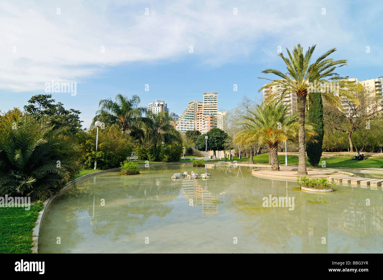 Water, lake, landscape architecture, cultivation, Jardines del Turia, Rio Turia, river bed, park, Park, Valencia, Spain, Europe Stock Photo